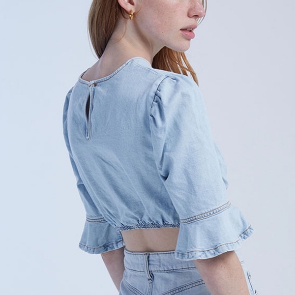 WeWoreWhat REVOLVE Cropped Denim Top, Indigo Comfort‎ Super Light Size XS - Picture 3 of 10